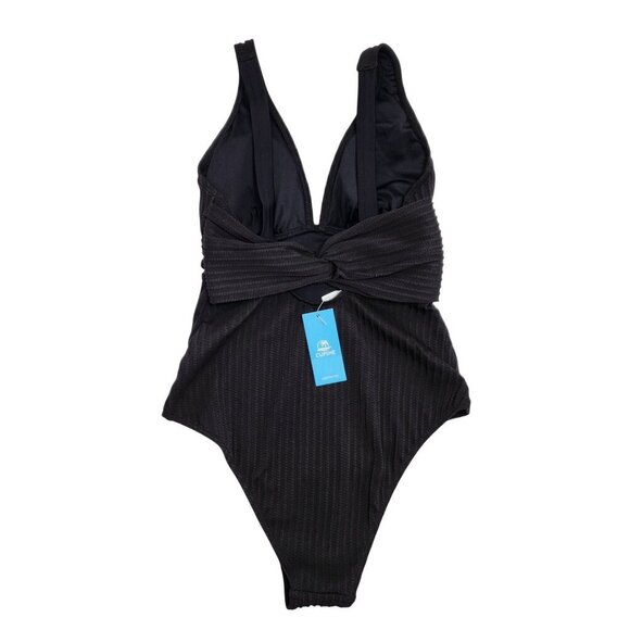 Black Ribbed One-Piece Swimsuit  Plunge Neckline Waist Detail Cupshe  Size S - Picture 6 of 9